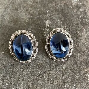 Vintage Whiting and Davis Clip On Earrings Blue Cabochon Silver Tone